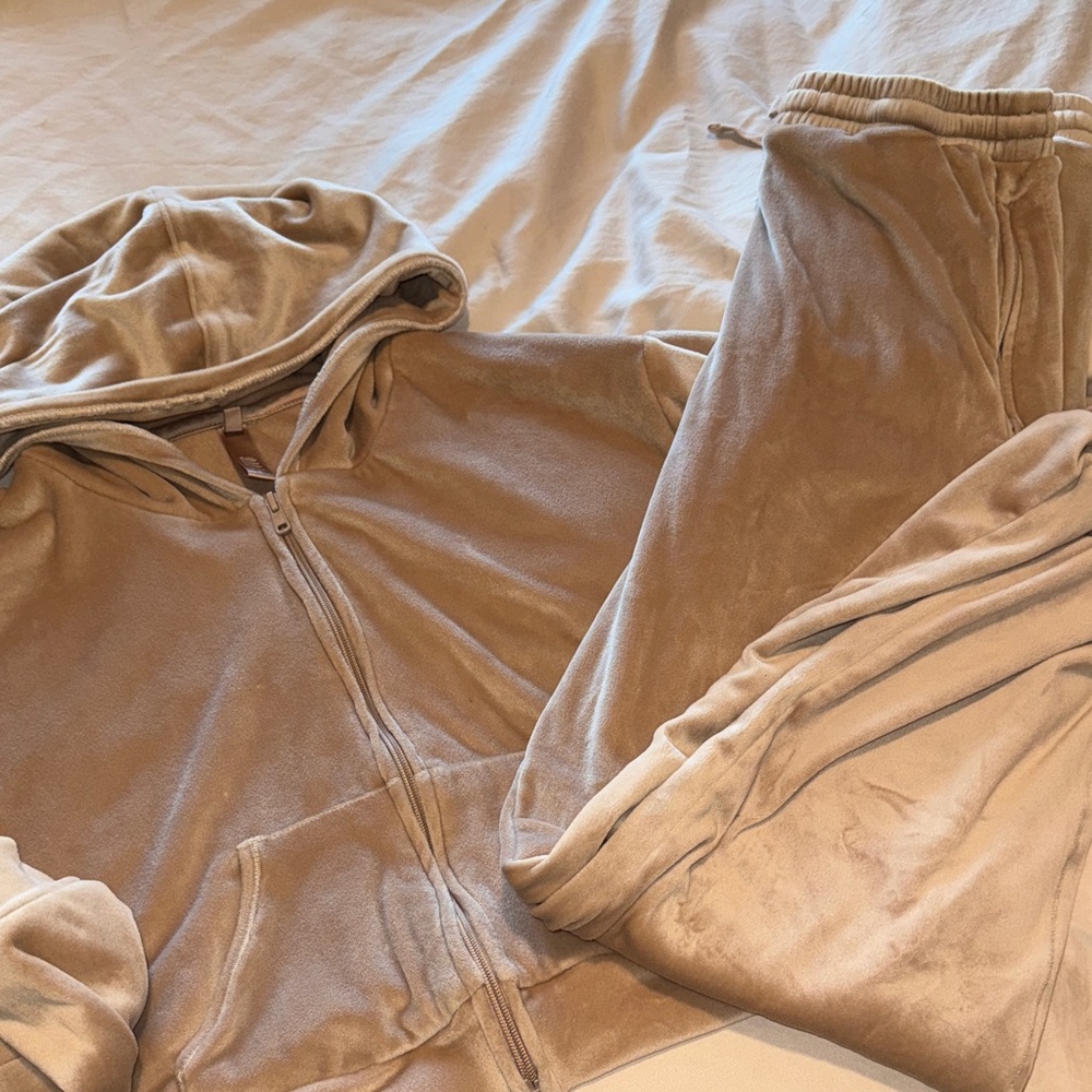 SKIMS Neutral Tan Velour Hoodie and Jogger Set